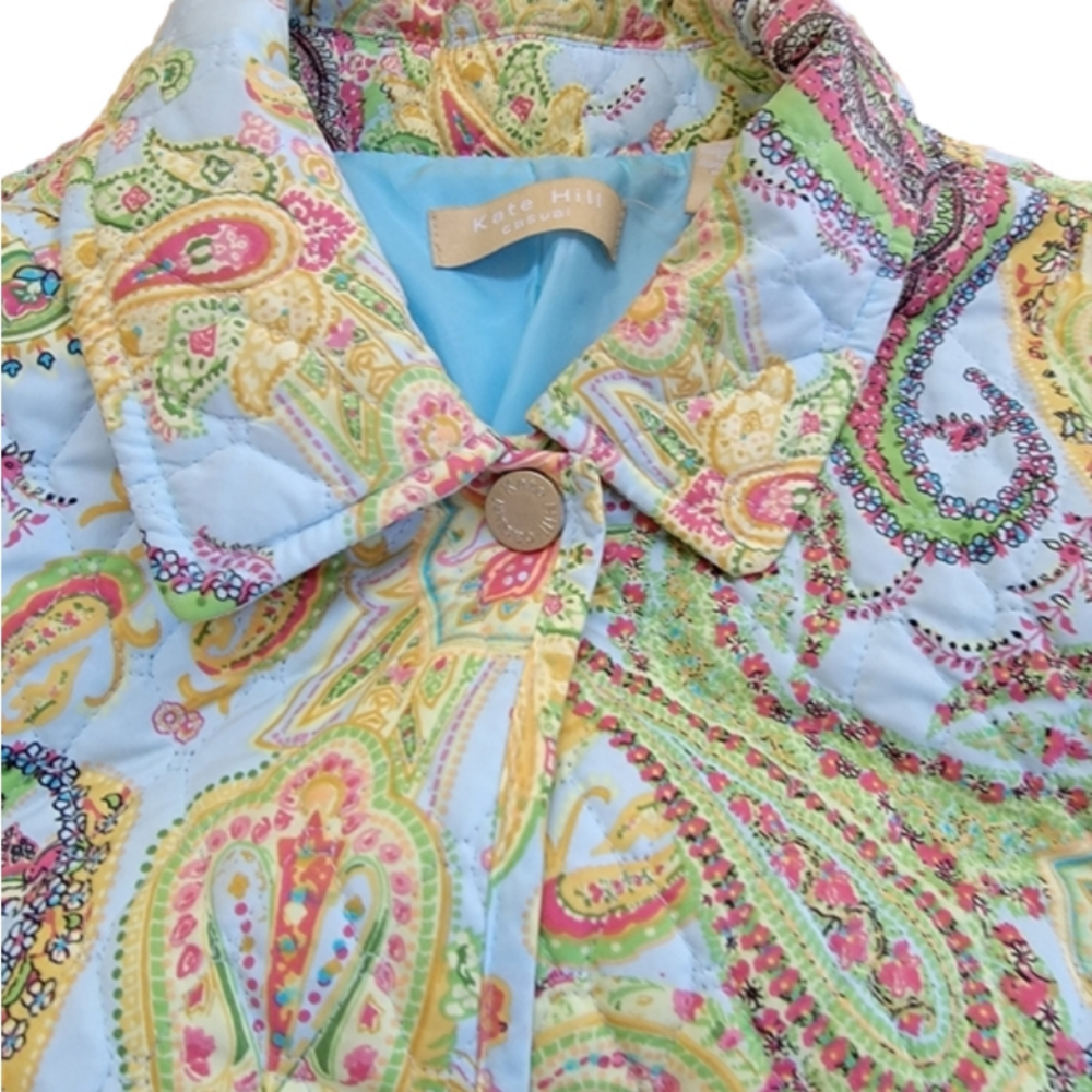 Kate Hill Quilted Snap Front Lined Paisley Print Jacket Size Large EUC